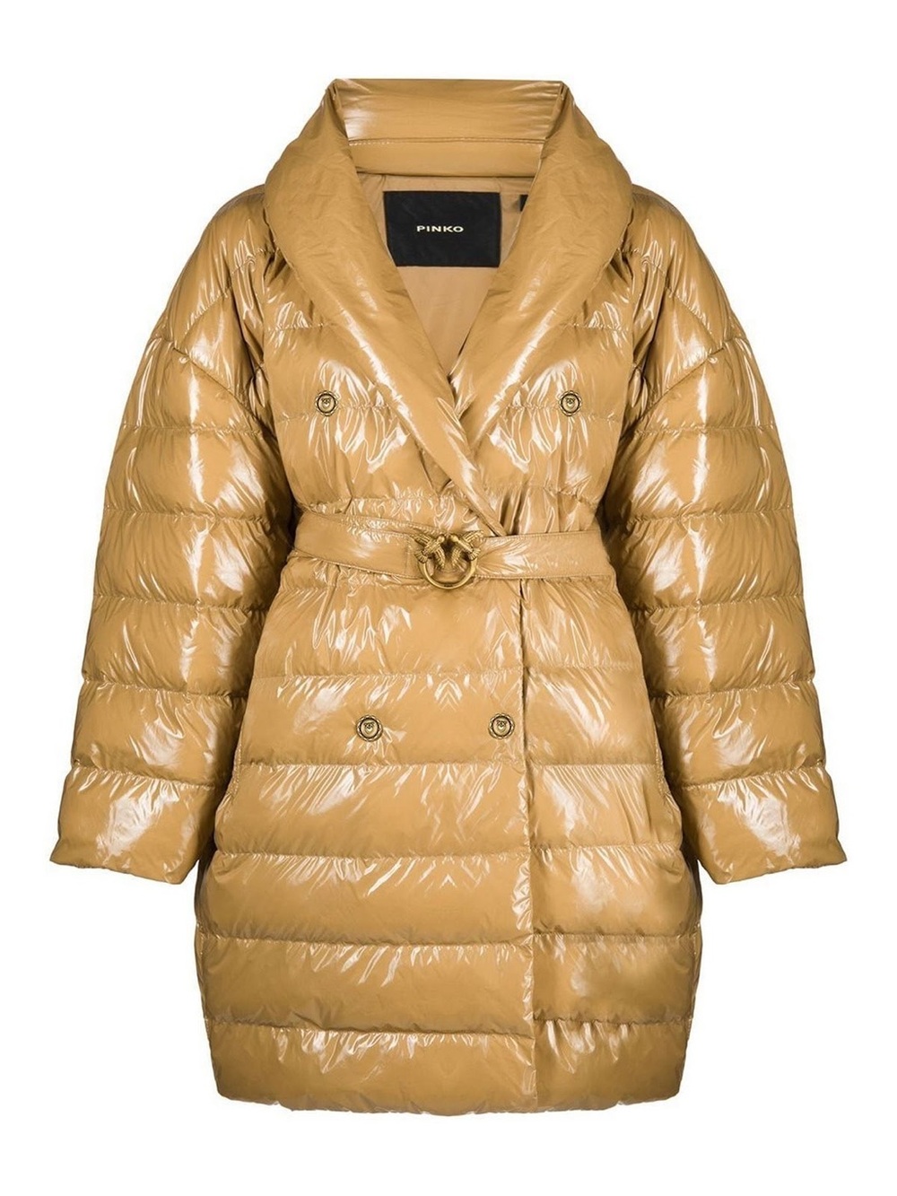Pinko Glossy Camel/Tan Quilted Puffer Coat with Belt